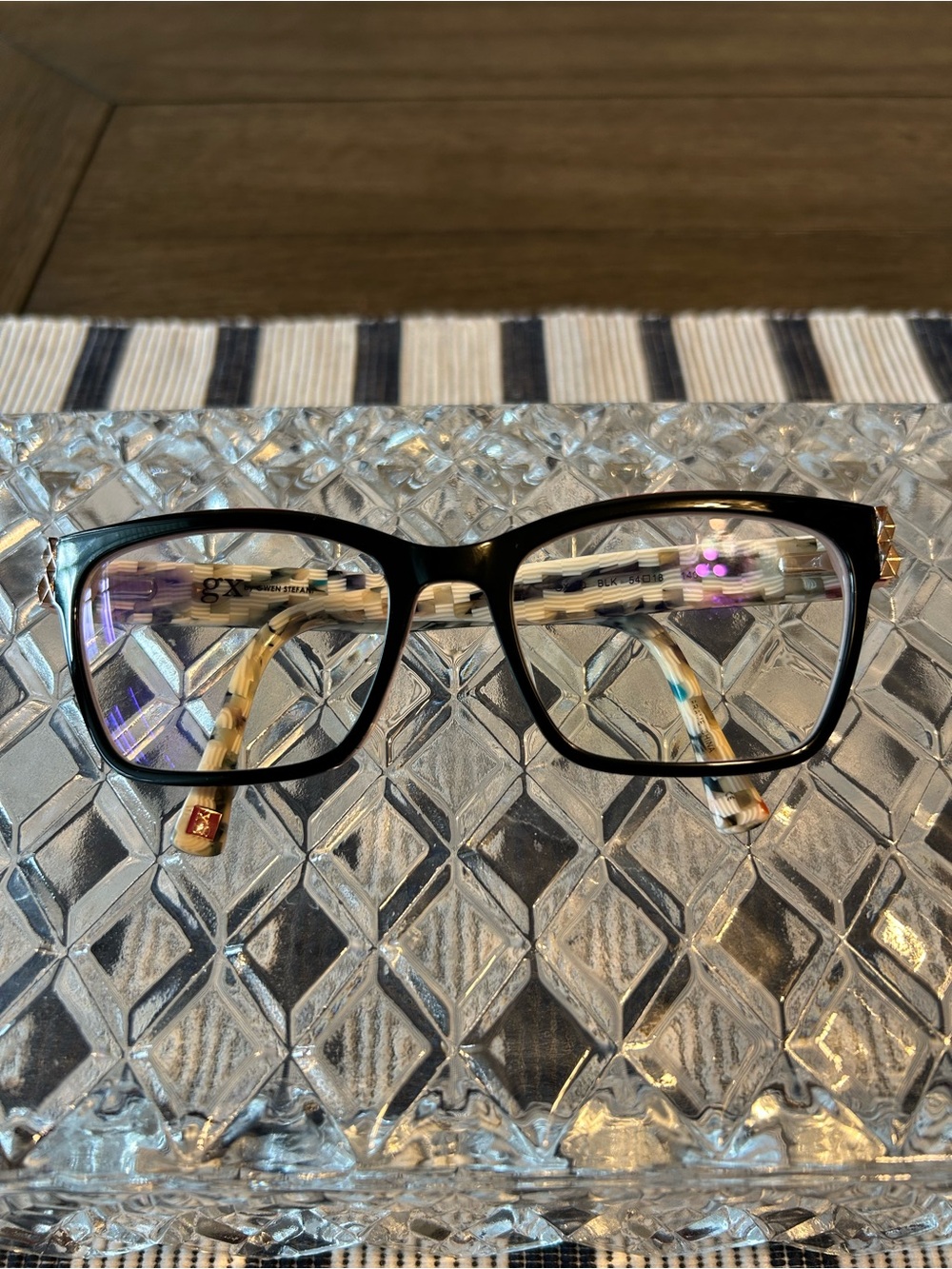 Black Rectangular Eyeglasses with Red and Checkered Design